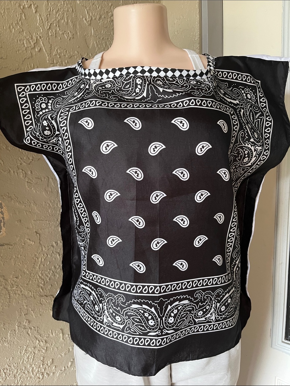 Black Paisley Bandana Print Women’s Top. Can be worn on either side. 40” waist